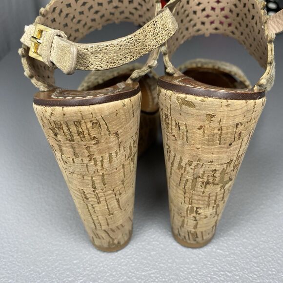 TORY BURCH Sandals Perforated Leather Wedge Platform Cork Heel Womens 6 Gold - Picture 7 of 9